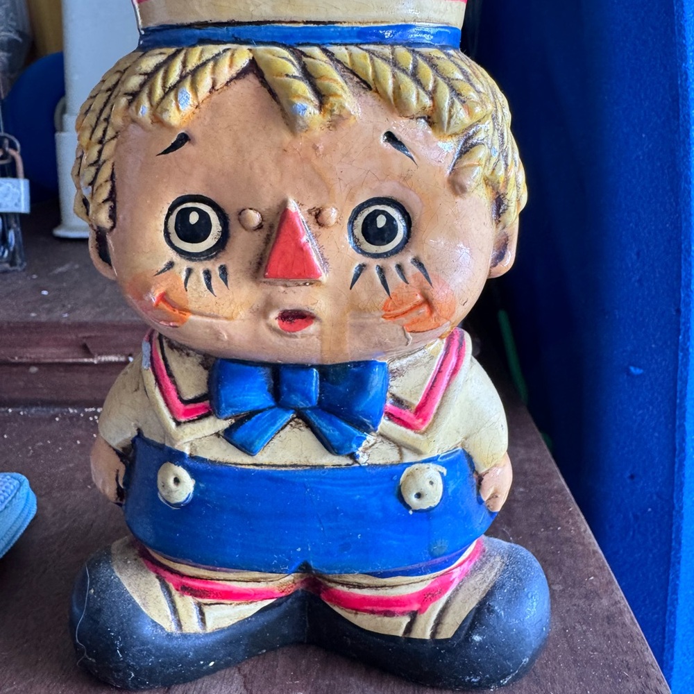 Vintage Mid-Century Ceramic Raggedy Andy Coin Bank with Blue and Yellow Accents